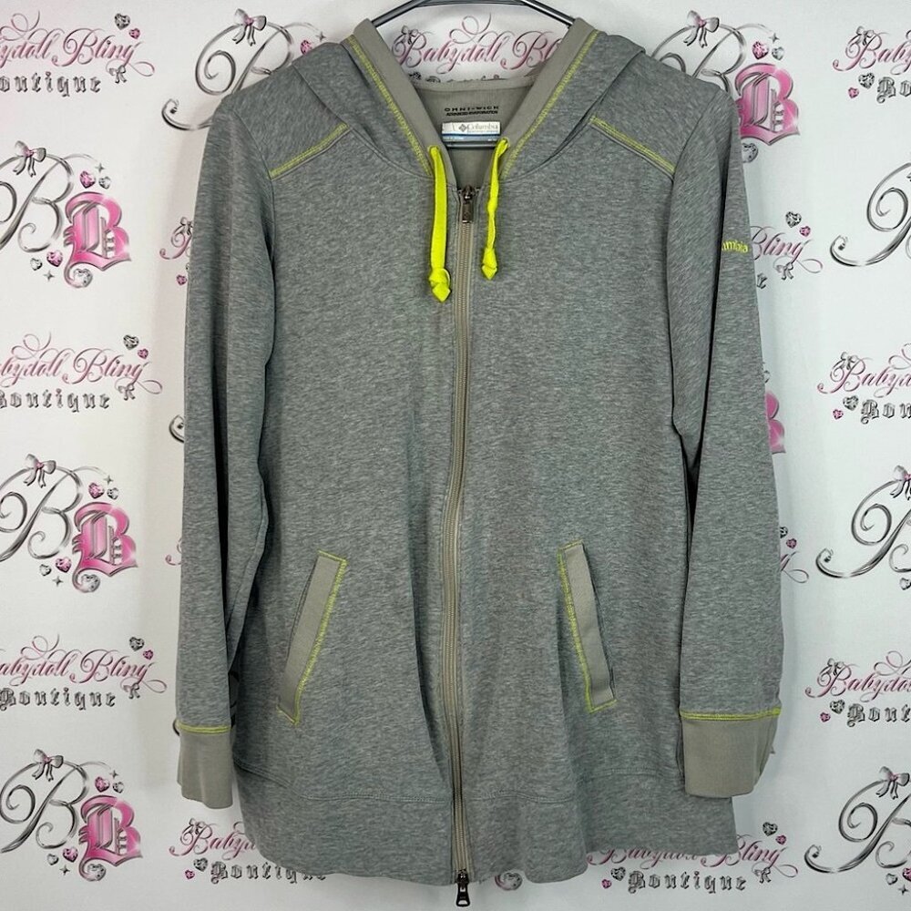 Columbia sweater hoodie zip up green yellow thread trim grey Sweatshirt